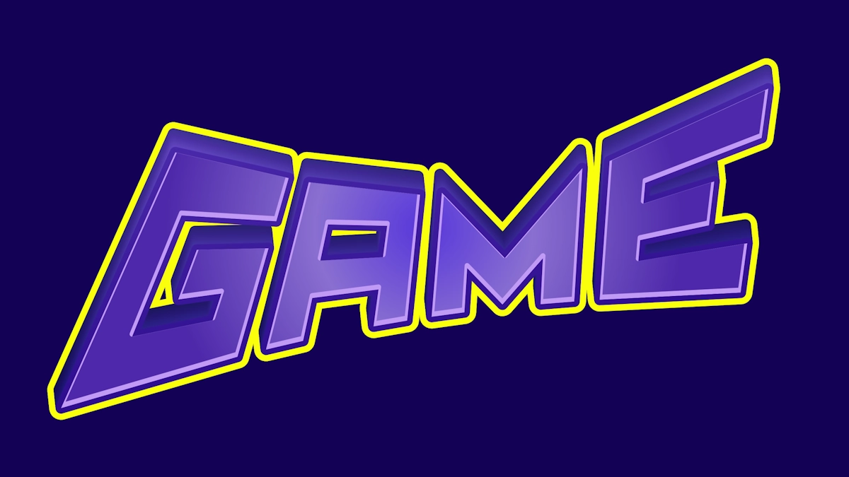 Texte 3D violet dynamique dans le style de jeu avec contour jaune
