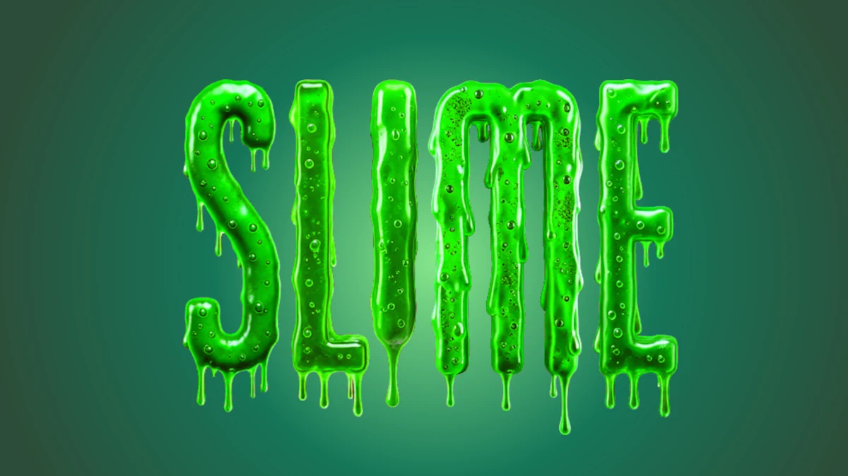 Texte 3D en glaire verte vive avec bulles et traces de slime