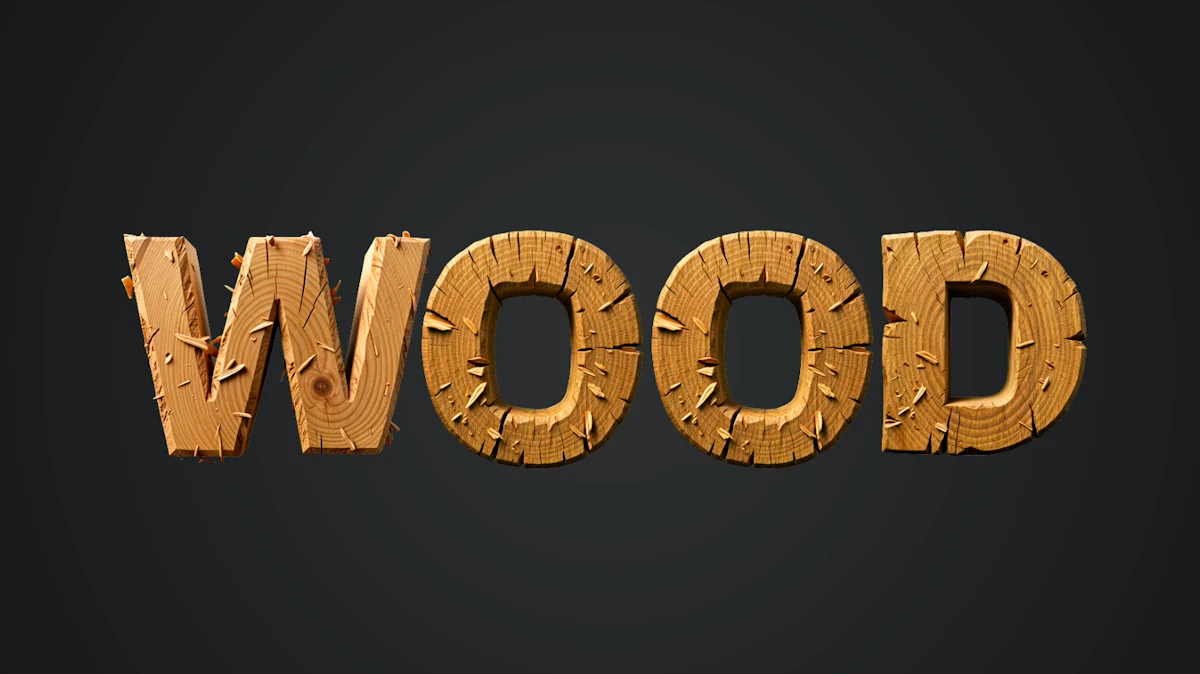 Texte 3D en bois réaliste avec texture de sciage et copeaux