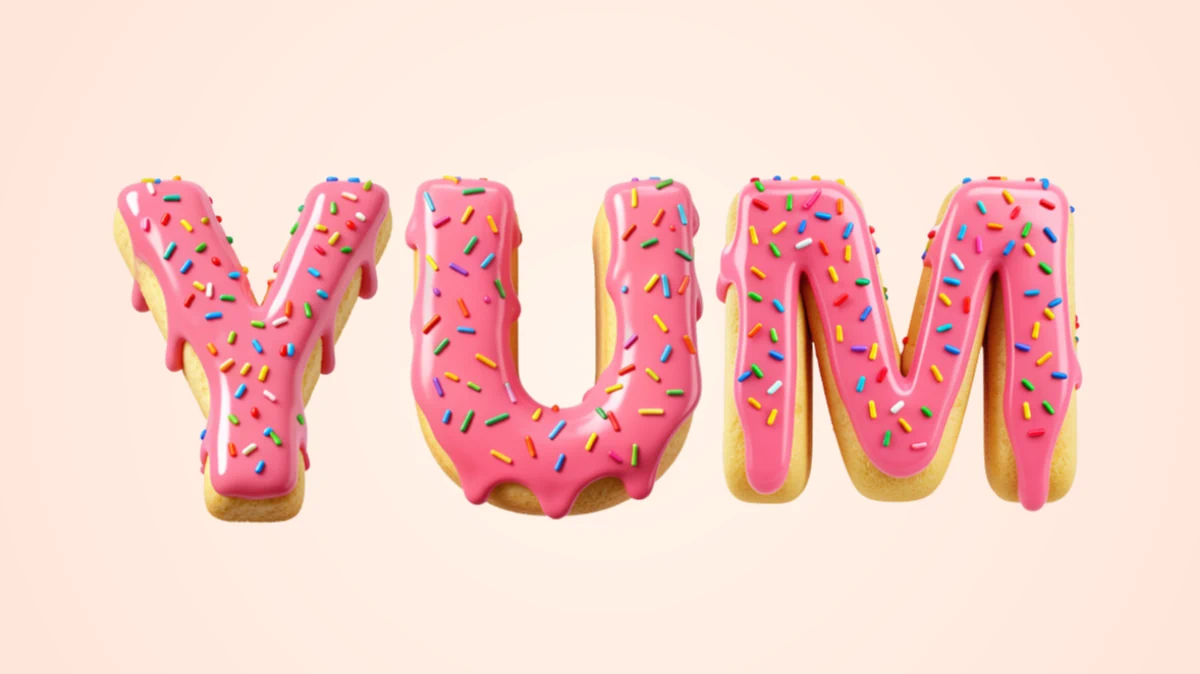 Texte 3D appétissant en forme de beignets avec glaçage rose et poudre colorée