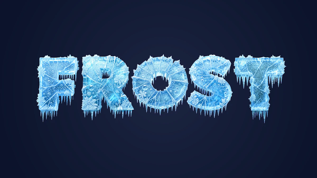 Texte 3D en glace avec fissures, flocons et stalactites qui pendent