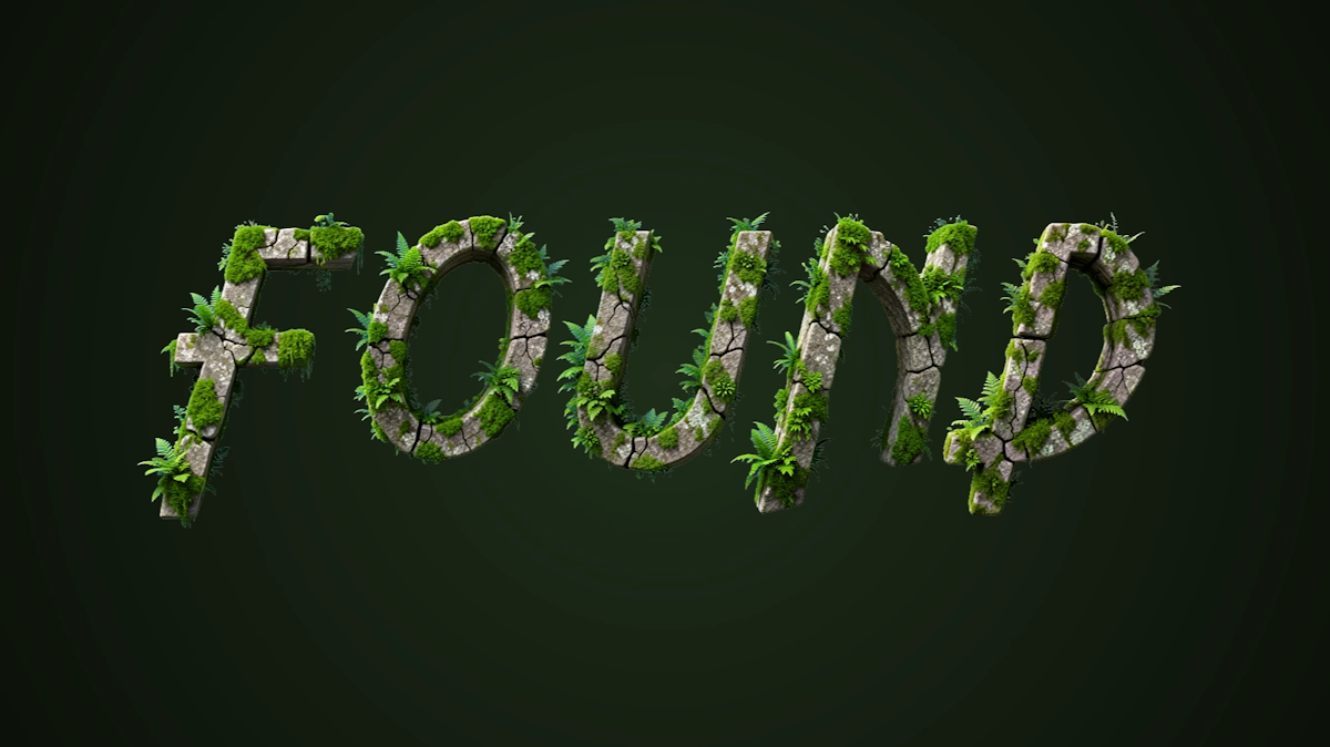 Texte 3D volumineux en pierre claire, envahi de mousse et de fougères