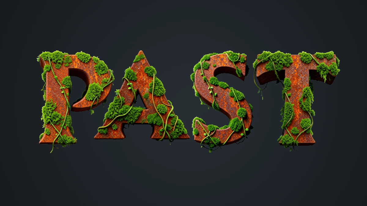 Texte 3D en métal rouillé, envahi de mousse verte et de lianes