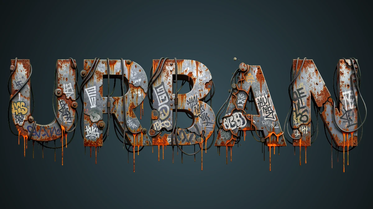 Texte 3D volumineux en style urbain : métal rouillé avec graffitis, câbles et taches